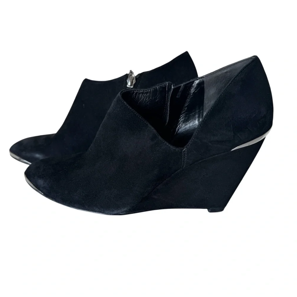 Audrey Brooke Black Suede Silver Tip Wedge Ankle Booties
